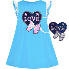 Girls Dress Cotton Casual Heart Bow Tie Embroidered Blue Size 3-7 Years