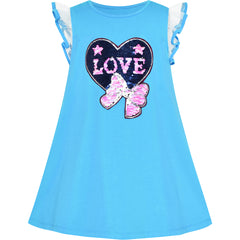 Girls Dress Cotton Casual Heart Bow Tie Embroidered Blue Size 3-7 Years