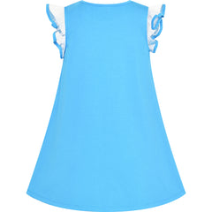 Girls Dress Cotton Casual Heart Bow Tie Embroidered Blue Size 3-7 Years