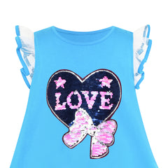 Girls Dress Cotton Casual Heart Bow Tie Embroidered Blue Size 3-7 Years