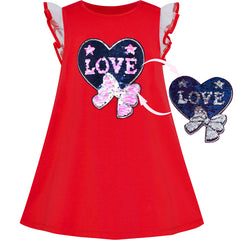 Girls Dress Cotton Casual Heart Bow Tie Embroidered Red Size 3-7 Years