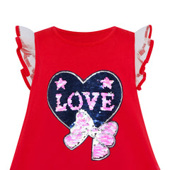 Girls Dress Cotton Casual Heart Bow Tie Embroidered Red Size 3-7 Years