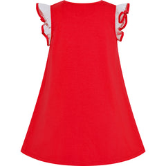 Girls Dress Cotton Casual Heart Bow Tie Embroidered Red Size 3-7 Years