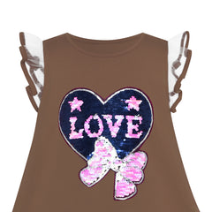 Girls Dress Cotton Casual Heart Bow Tie Embroidered Coffee Size 3-7 Years