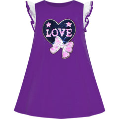 Girls Dress Cotton Casual Heart Bow Tie Embroidered Purple Size 3-7 Years