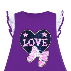 Girls Dress Cotton Casual Heart Bow Tie Embroidered Purple Size 3-7 Years