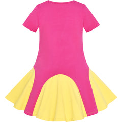 Girls Dress Pink Yellow Rainbow Unicorn Short Sleeve Cotton Casual Size 3-7 Years