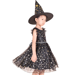 Girls Dress Set Halloween Witch Costume Black Sparkling Star Witch Hat Size 4-10 Years
