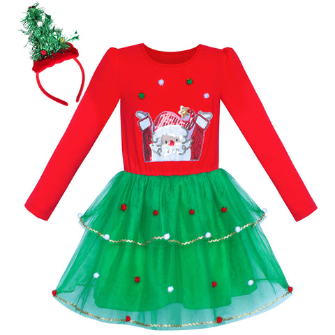 Girls Dress Christmas Tree Headband Santa Long Sleeve Party Dress Size 3-12 Years