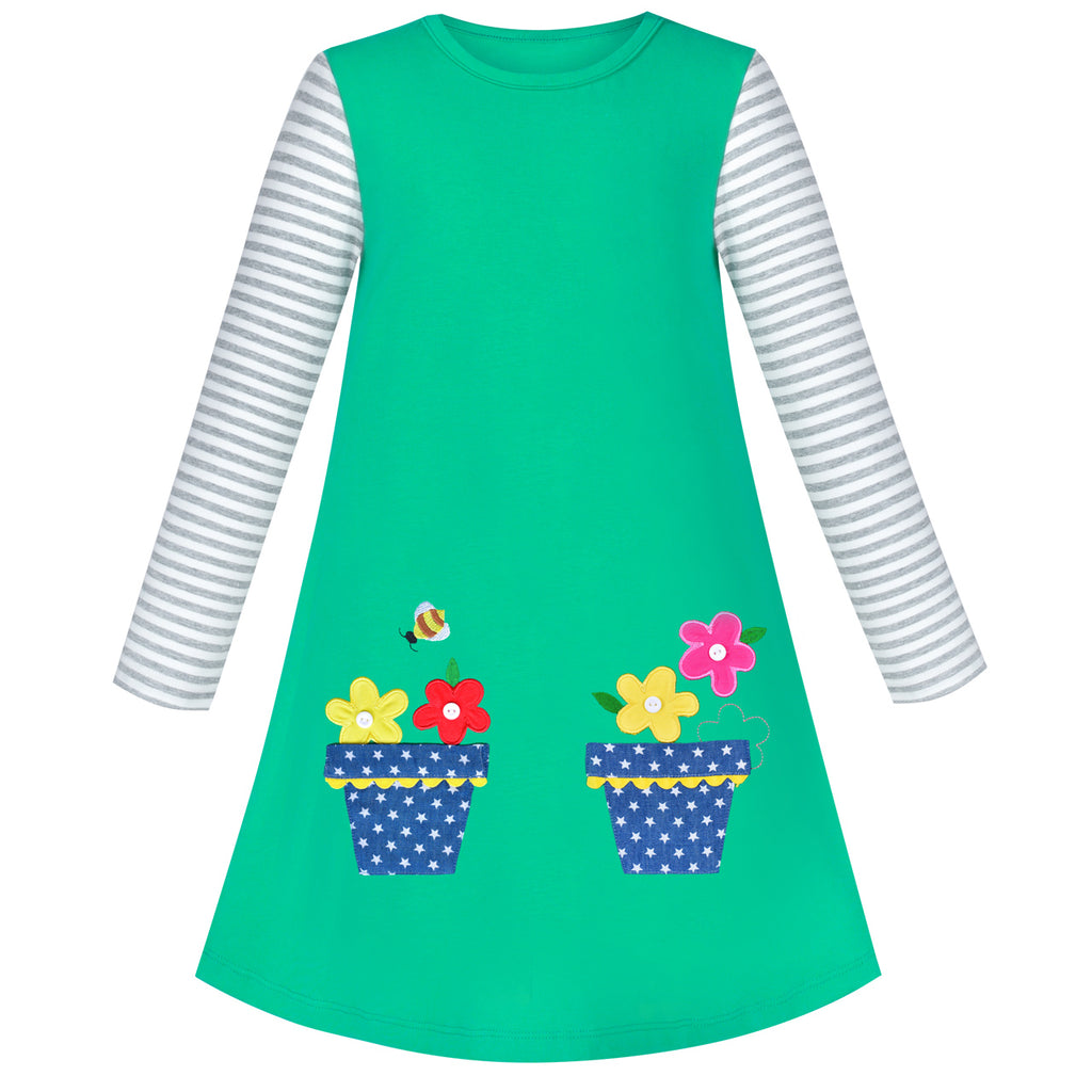 Girls Dress Cotton Casual Long Sleeve Flower Pot Embroidered Size 2-8 Years