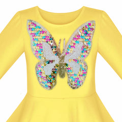 Girls Dress Yellow Butterfly Long Sleeve Casual Cotton Dress Size 5-12 Years