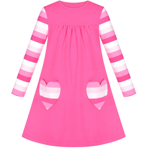 Girls Dress Pink Long Sleeve Heart Pocket Striped Casual Cotton Size 3-8 Years