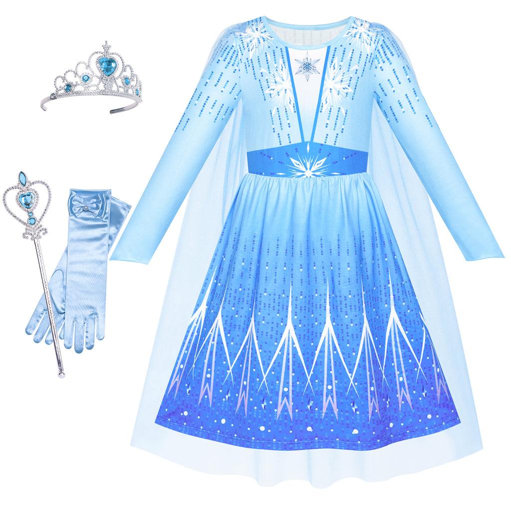 Girls Dress Snow Queen Ice Princess Birthday Crown Magic Wand Size 4-8 Years