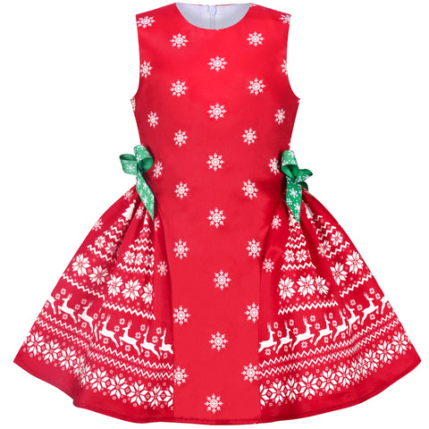 Girls Dress Red Reindeer Snowflakes Christmas Party Holiday Size 4-8 Years