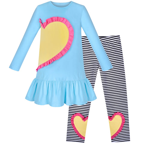 Girls Outfit Set 2 Piece Cotton Heart Casual Dress Leggings Top Pants Size 3-8 Years