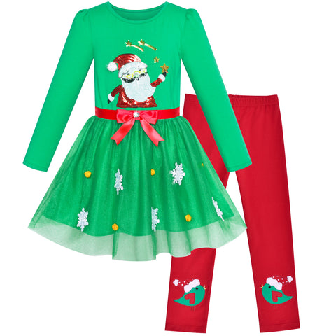 Girls Outfit Set Cotton Dress Leggings Santa Christmas Gift Size 2-8 Years