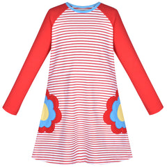 Girls Dress Long Sleeve Red Flower Embroidery Striped Casual Cotton Size 3-8 Years