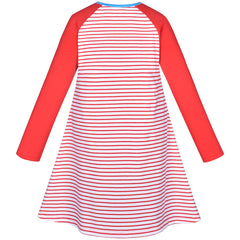 Girls Dress Long Sleeve Red Flower Embroidery Striped Casual Cotton Size 3-8 Years