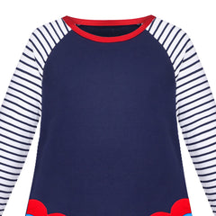 Girls Dress Long Sleeve Navy Blue Flower Embroidery Casual Cotton Size 3-8 Years