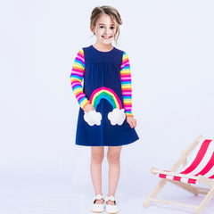 Girls Dress Unicorn Rainbow Cloud Pocket Long Sleeve Cotton Size 3-8 Years