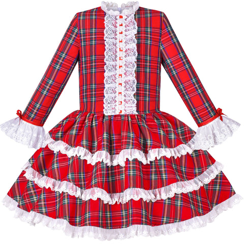 Girls Dress Red Checkered Lace Ruffle Skirt Long Sleeve Christmas Size 4-8 Years