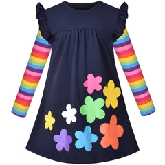Girls Dress Colorful Daisy Flower Rainbow Long Sleeve Cotton Size 3-12 Years