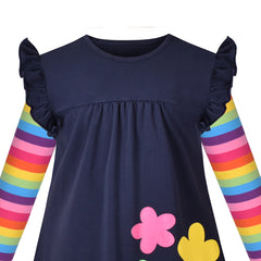 Girls Dress Colorful Daisy Flower Rainbow Long Sleeve Cotton Size 3-12 Years