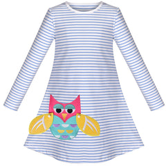 Girls Dress Long Sleeve Cute Embroidered Owl Casual Cotton Size 3-8 Years