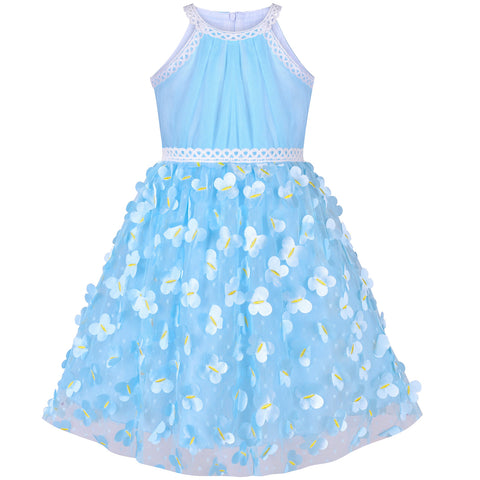 Girls Dress Blue Dimensional Butterfly Halter Dress Party Size 5-12 Years