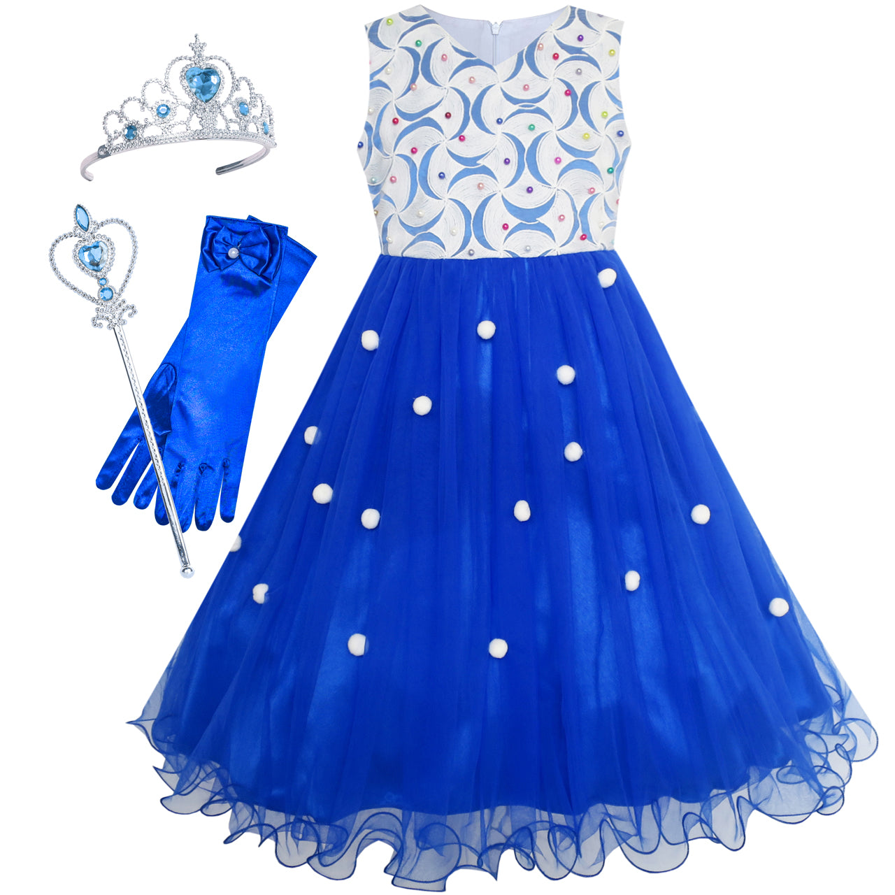 Flower Girls Dress Royal Blue Crown Gloves Lace Pearl Wedding – Sunny  Fashion