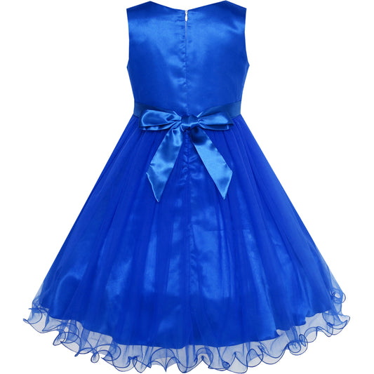 Flower Girls Dress Royal Blue Crown Gloves Lace Pearl Wedding Size 3-12 Years