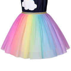 Girls Dress Navy Blue Short Sleeve Rainbow Tulle Skirt Birthday Party Size 4-8 Years