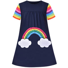 Girls Casual Dress Navy Cotton Short Sleeve Rainbow Cloud Size 2-10 Years