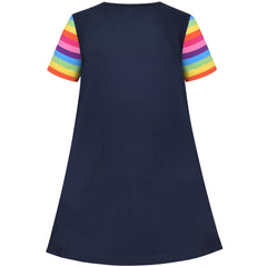 Girls Casual Dress Navy Cotton Short Sleeve Rainbow Cloud Size 2-10 Years