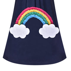 Girls Casual Dress Navy Cotton Short Sleeve Rainbow Cloud Size 2-10 Years