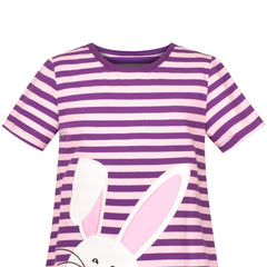 Girls Casual Dress Purple Easter Bunny Egg Hunting Cotton Short Sleeve Size 3-7 Years
