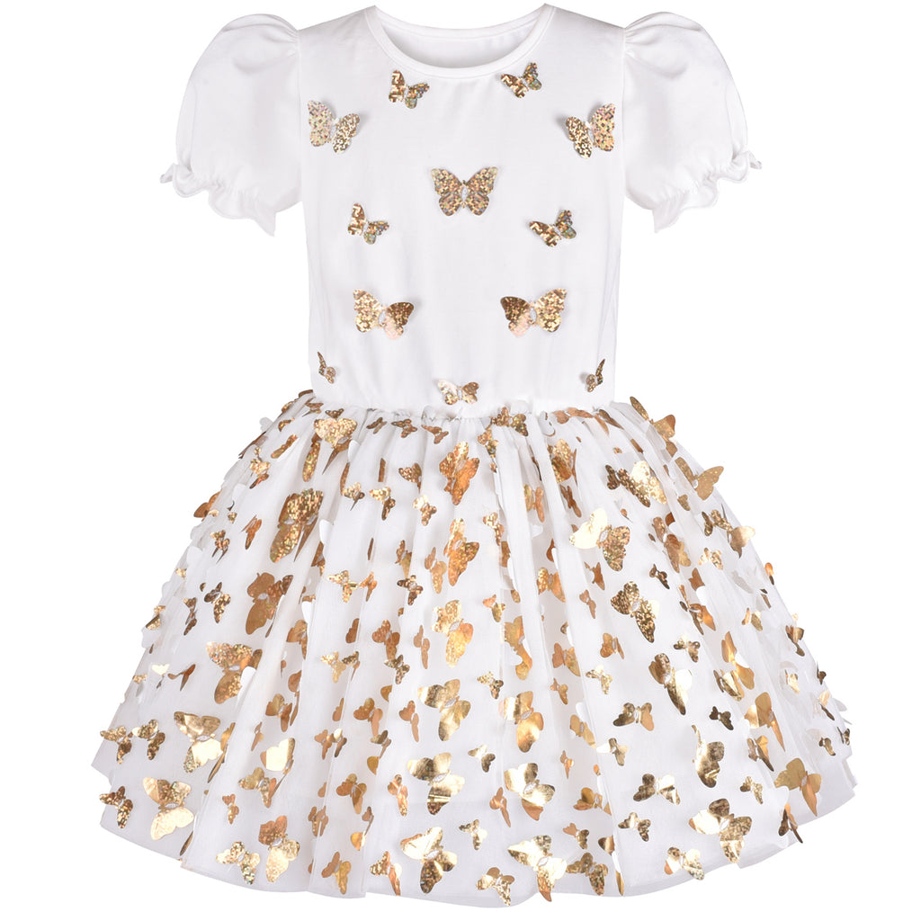 Girls Dress Gold Butterfly White Short Sleeve Tulle Tutu Dancing Size 4-8 Years