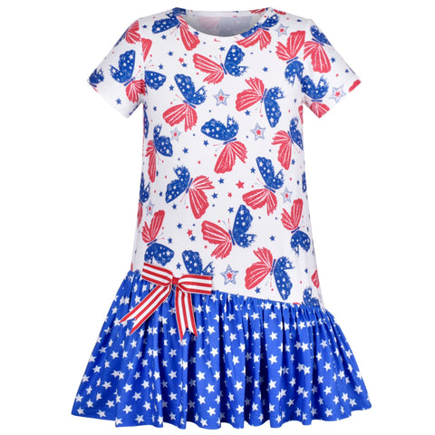 Girls Casual Dress July 4th Star Butterfly Cotton Short Sleeve Size 4-8 Years