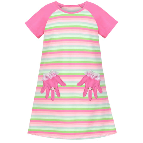 Girls T-shirt Dress Cotton Hand Pocket 3D Ring Color Stripe Short Sleeve Size 4-7 Years