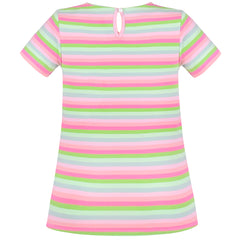 Girls Tee 2pc Pack Rainbow Ruffle Stripe Casual Short Flutter Sleeve Size 4-8 Years