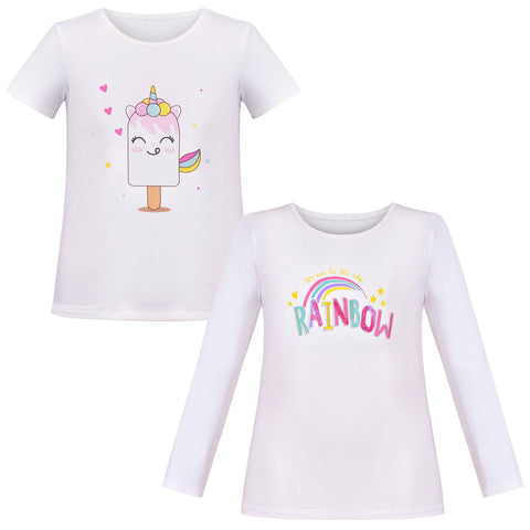 Girls Tee Shirt 2pc Set White Unicorn Rainbow Glitter Short Long Sleeve Size 4-10 Years