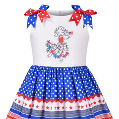 Girls Dress Bow Dot Star Stripe National Day July 4th Sleeveless Size 4-8 Years