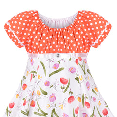 Girls Dress Vintage Polka Dot Tulip Floral Ruffle Hem Short Sleeve Size 6-12 Years