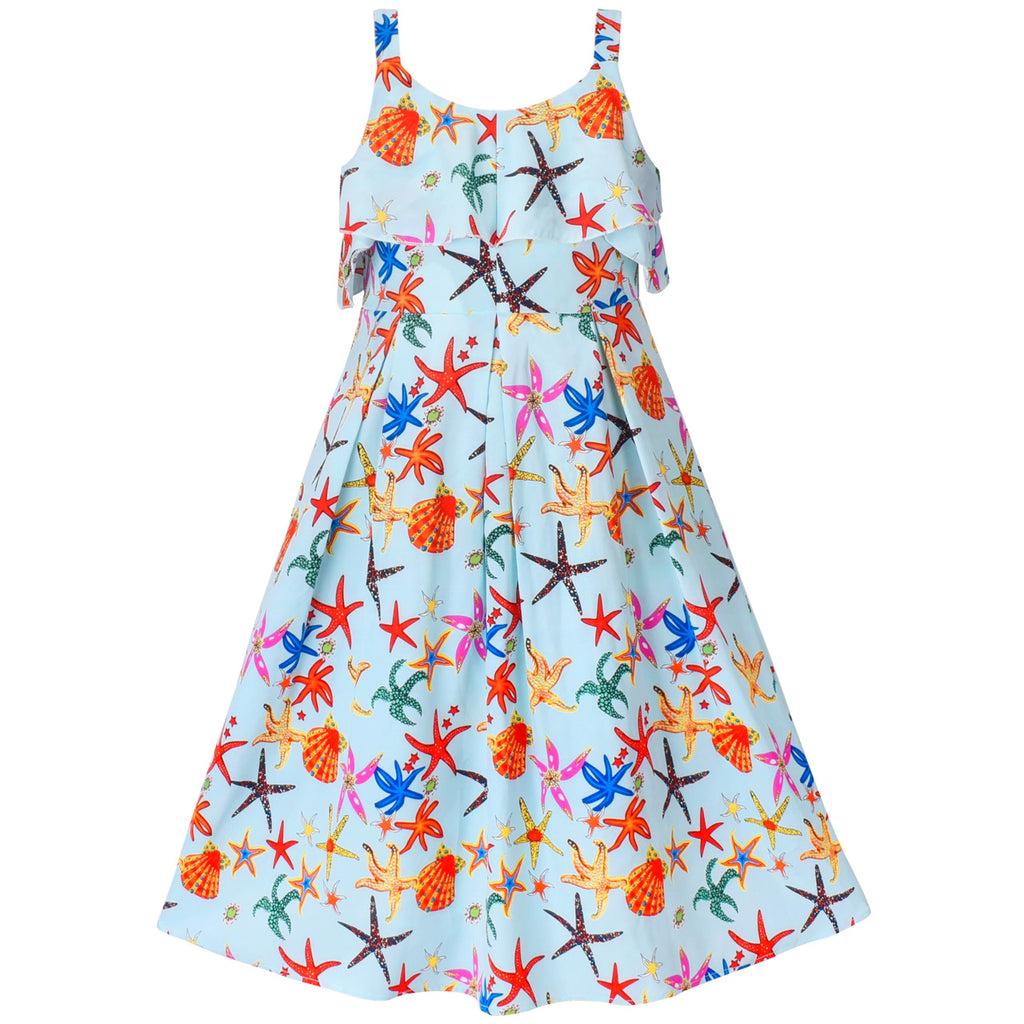 Girls Dress Starfish Sea Shell Spaghetti Multicolor Sleeveless Size 7-14 Years