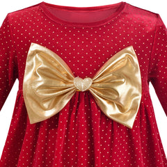 Girls Dress Red Christmas Gold Bow Tie Bell Sleeve Velvet Holiday Party Size 4-8 Years