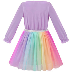Girls Dress Tulle Skirt Rainbow Color 3D Ruffle Long Sleeve Size 4-8 Years