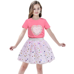 Girls Skirt Set Pink T-shirt 3D Heart Multicolor Dot Tutu Short Sleeve Size 4-10 Years