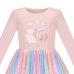 Girls Dress Pink Rainbow Colorful Snail Lollipop Sequin Long Sleeve Size 4-8 Years