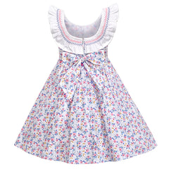 Girls Dress O-neck Backless Smocked Embroidery Ruffle Vintage Sleeveless Size 2-12 Years