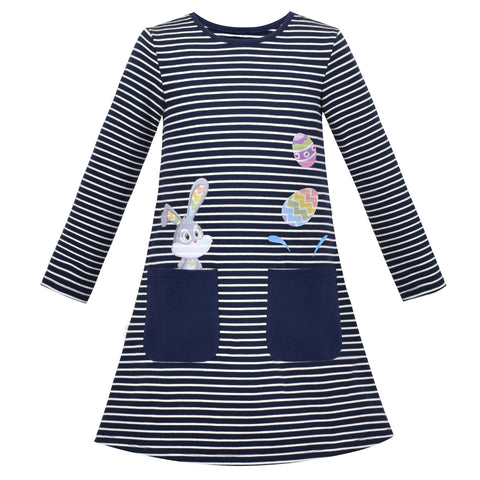 Girls Dress Easter T-shirt Blue Stripe Multicolor Bunny Egg Long Sleeve Size 3-8 Years